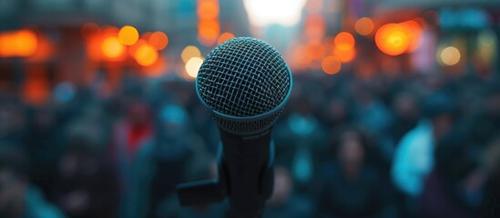 Focal point on microphone at protest with blurred crowd. - obrazy, fototapety, plakaty