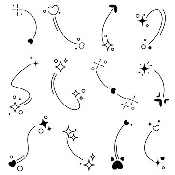 Black and white vector set with arrow icons in doodle style. hearts, dots, sparkles, stars