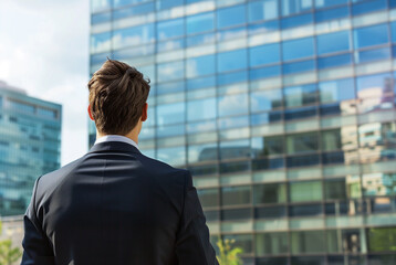 Fototapeta premium Man with suite standing looking at tall buildings office, businessman