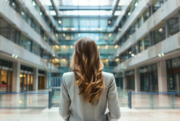 Obraz premium Woman in suite standing in office and looking forward, businesswoman