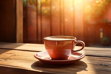 Pink ceramic cup of coffee on a wooden table with a blurred background of a fence and sunlight