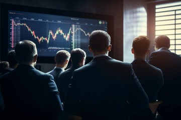 Obraz premium Business people watching financial graphs, with their backs to the viewer