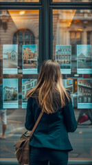 Une femme en train de regarder des annonces dans la vitrine d'une agence immobilière. - obrazy, fototapety, plakaty