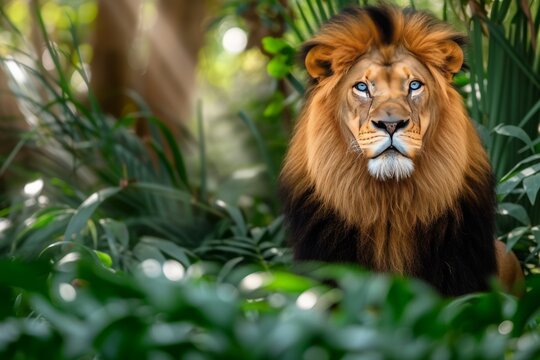 Close-up of a male lion with a dark brown mane in the jungle