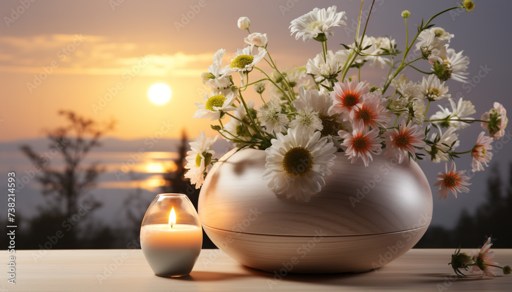 Wall mural A bright candle on a wooden table, surrounded by flowers generated by AI - Wall murals
