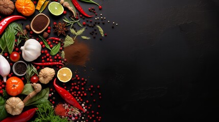 Cooking banner. Background with spices and vegetables. Top view. Free space for your text