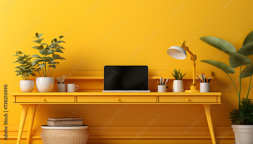 Wall mural modern office design with computer desk, plant, and yellow lamp generated by ai