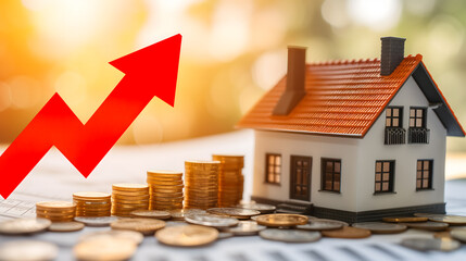 Une maquette de maison avec des pièces de monnaie et une flèche rouge montante symbolisant l'augmentation de la valeur immobilière. - obrazy, fototapety, plakaty