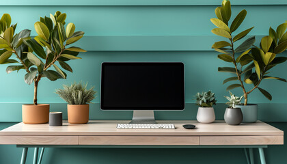 Modern office desk with computer, plant, and design illustration generated by AI