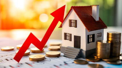 Gros plan sur une maison avec une flèche rouge montante symbolisant une augmentation dans l'immobilier.