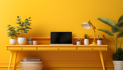 Modern office design with computer desk, plant, and yellow lamp generated by AI
