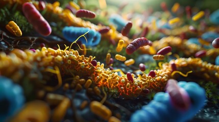 A vibrant 3D showcasing a variety of bacteria and microorganisms, highlighting their complex structures and interactions.