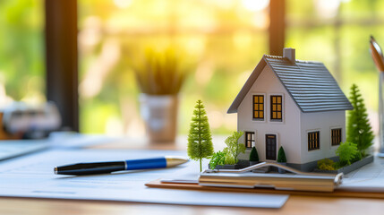 La photo montre une maquette de maison avec des arbres miniatures, posée sur un bureau avec un stylo et des plans.