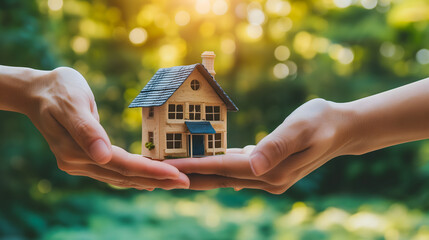 Le concept de l'achat d'une maison symbolisé par deux mains faisant une transaction. 