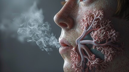 Digital illustration of a human profile with the respiratory system visible, exhaling smoke, emphasizing the effects of smoking on the lungs.