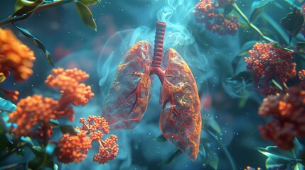 Digital artwork depicting human lungs surrounded by pathogenic organisms, illustrating the interaction between respiratory health and airborne pathogens. - obrazy, fototapety, plakaty