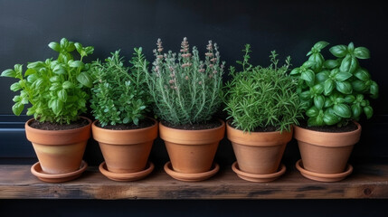 A topdown view of a kitchen windowsill herb garden showcasing an impressive ortment of herbs including rosemary thyme and parsley.