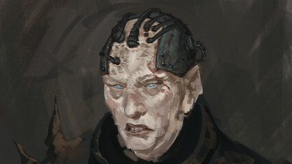 Digital 3d illustration of a cybernetic character with scars and pale complexion - fantasy portrait painting