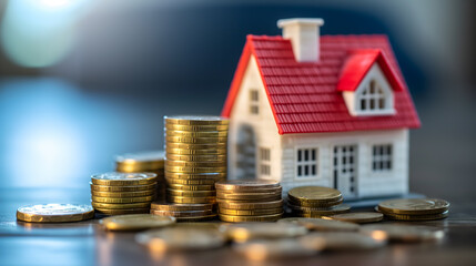 Gros plan sur une maison avec des pièces de monnaie autour symbolisant la finance dans l'immobilier.