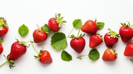 Delicious fresh red strawberries on white background, top view