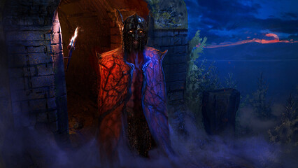 Undead vampire lord outside of an arched entry to his crypt - dark fantasy digital 3d illustration