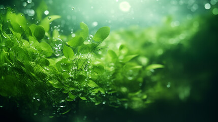 Fototapeta na wymiar Green algae swirling elegantly underwater, creating a tranquil abstract backdrop.