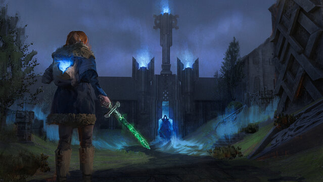 Fantasy painting of a wanderer with a sword and magic item from her quest faces a menacing evil creature in a decorative crypt - Digital 3d illustration