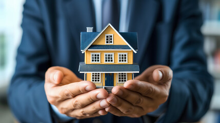 Un banquier tenant une maison miniature entre ses mains.