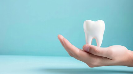 Dentist hand with healthy white tooth model and dentist mirror on a blue background. Copy space. Teeth care, dental treatment, tooth extraction, implant concept. Dental clinic special offer