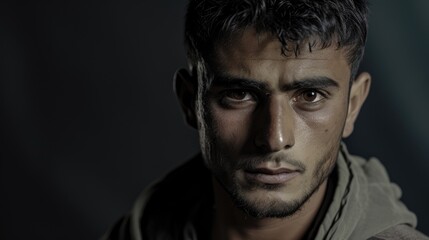 Obraz premium A young man with a missing limb stands proudly his gaze reflecting the strength and resilience he has had to develop as a refugee.