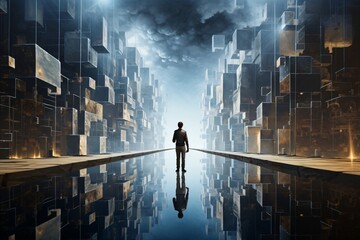A man in a futuristic multi-dimensional world