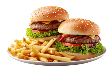 Two Hamburgers and French Fries on a Plate. Two freshly prepared hamburgers and a generous portion of crispy french fries served on a plate.