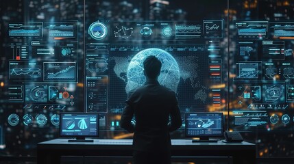 A technician stands before a large digital interface with complex network operations, global connectivity maps, and data analytics in a high-tech control room.