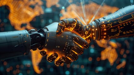 Two robotic arms perform a handshake in front of a glowing digital world map, representing the convergence of robotics and global networking technology. - obrazy, fototapety, plakaty