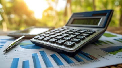 A close-up image of a calculator and pen resting on detailed financial charts, symbolizing business analysis and accounting.