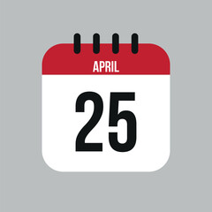 25 April calendar vector icon. White April date for the days of the month and the week on a light background