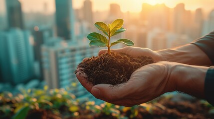 Human hands holding a young plant with soil against a backdrop of a city skyline at sunset, representing urban reforestation and environmental hope.