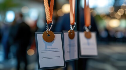 Close-up view of event name tags attached to orange lanyards against a blurred conference background.