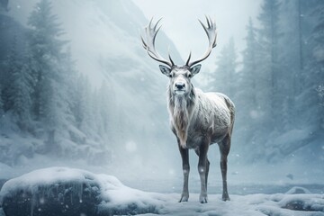 a deer with large antlers standing in snow