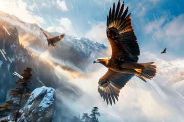 Freedom. A painting of the eagle in flight against a mountainous backdrop captures the essence of freedom and the power of nature, evoking feelings of independence and spiritual strength. - obrazy, fototapety, plakaty