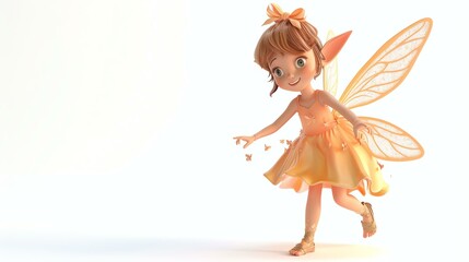 A delightful 3D rendering of an adorable, pixie-like fairy, with a twinkle in her eye and lustrous pastel-colored wings, set against a clean, white background. Perfect for adding a touch of