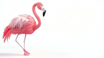 Adorable 3D flamingo standing gracefully on a pristine white background. Its vibrant colors and charming details bring a touch of tropical elegance to any project. Perfect for summer-themed