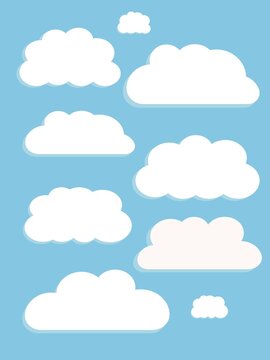 Vector flat illustration.White clouds set isolated on a blue background. Soft round cartoon fluffy clouds icon in the blue sky. Geometric shapes. Background for prints, covers and invitations...