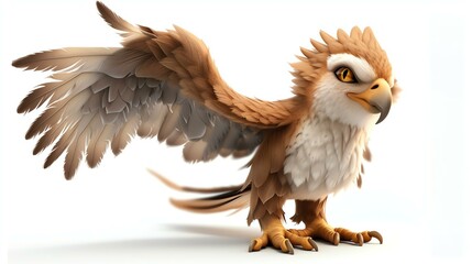 A delightful 3D illustration featuring a cute griffin, a legendary creature with the body of a lion and the head and wings of an eagle, showcasing its adorable charm against a pure white bac