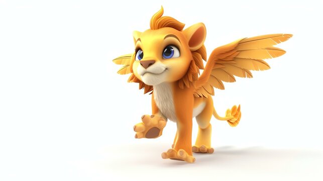 A delightful 3D rendering of a cute griffin, showcasing its mythical charm and adorable features, on a pristine white background.