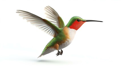 A vibrant and lifelike 3D rendering of a delightful hummingbird, displaying its colorful feathers on a pure white background. Perfect for adding a touch of nature's beauty to any project or
