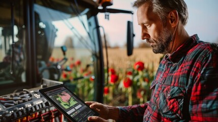 Farmer Using Tablet in Tractor.
Mature farmer operating a digital tablet inside a tractor with a background of farmland.