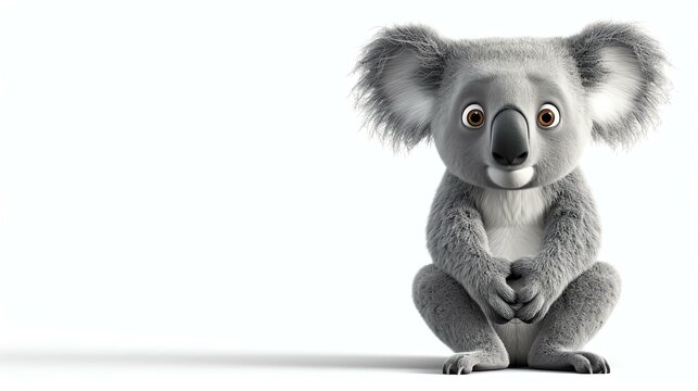 A delightful 3D render of a cute koala with a friendly expression, showcasing its fluffy fur and adorable round eyes, set against a clean white background. Perfect for adding a touch of char