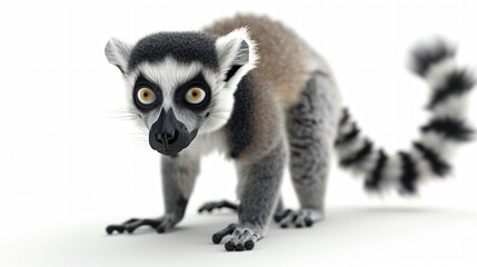 Fototapeta premium Adorable 3D lemur with endearing eyes and a playful expression, standing on a pristine white background. Perfect for adding charm and whimsy to any project.