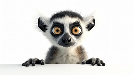 Fototapeta premium Adorable 3D lemur with endearing eyes and a playful expression, standing on a pristine white background. Perfect for adding charm and whimsy to any project.